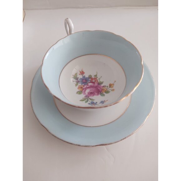 Vintage Grafton England Wide Mouth Tea Cup & Saucer set Blue & Floral 1950's - Picture 14 of 14